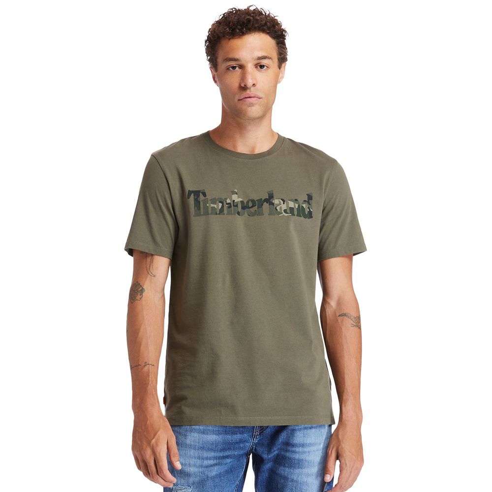 Timberland Mens T-Shirts Kennebec River Camo-Logo - Olive - India XR3719850